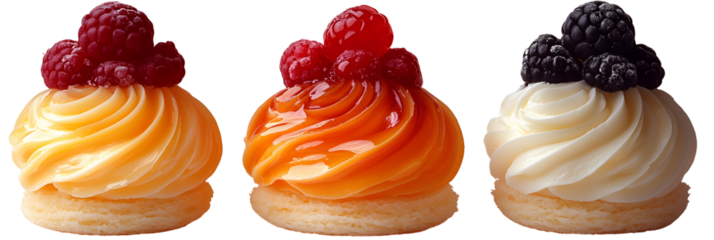 Four colorful dessert items with berries