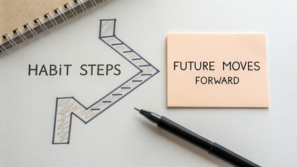 Arrow sketch shows future steps forward with a pen and sticky note