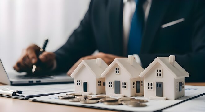 Real estate investment businessman analyzing property market with model houses and coins