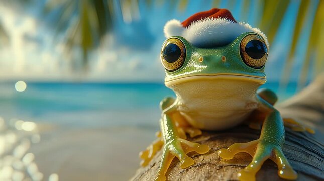 A frog wearing a Santa Claus hat is sitting on a tropical palm tree, with a blurred background of the ocean and sky.
