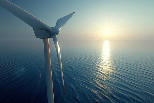A serene image of a wind turbine overlooking calm waters at sunrise, symbolizing renewable energy and environmental sustainability.