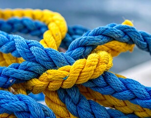 Braided blue and yellow rope, tightly knotted, evokes a sense of nautical strength and weathered texture