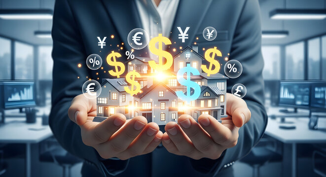 Businessman holding glowing digital currency symbols and financial icons in his open hands - Powered by Adobe