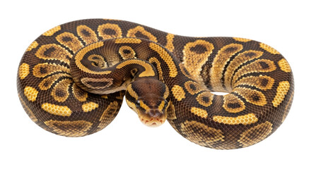 Isolated ball python in a coiled position, a popular pet reptile known for its docile nature