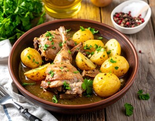Braised rabbit served with boiled potatoes and parsley in a brown bowl, atop a rustic wooden surface