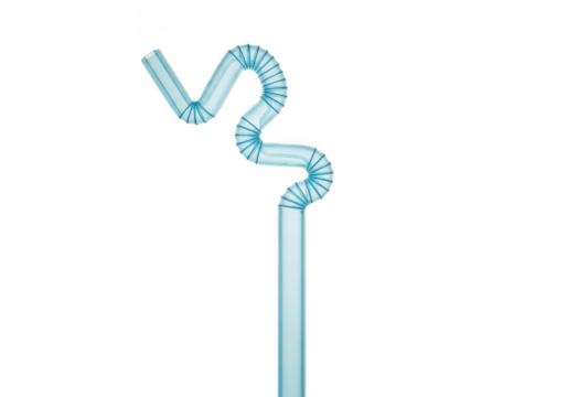 A light blue flexible drinking straw with a zig zag pattern isolated on transparent background