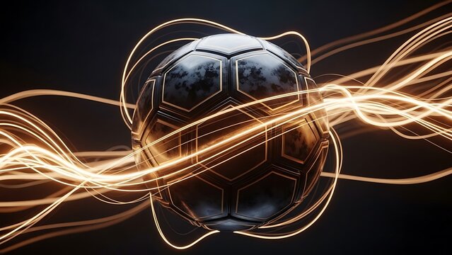 Futuristic soccer ball with glowing light streaks abstract motion background