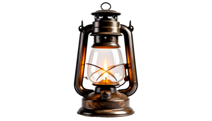 Vintage Style Oil Kerosene Lantern with Glowing Flame Isolated on White Background