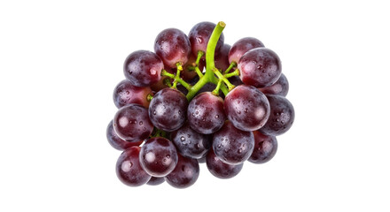Isolated bunch of fresh, dark red grapes, covered with drops of water, against a clean backdrop