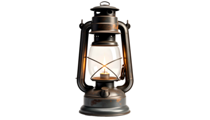 Vintage Style Rustic Oil Lantern with Glowing Wick on White Background