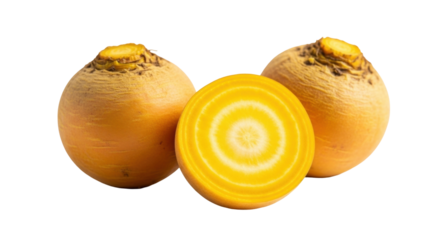 Isolated golden beets with cross section for nutritional information, healthy eating