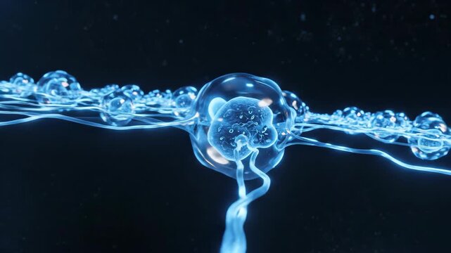 Dynamic cell animation with vibrant blue hues showcasing scientific research and medical innovation in a modern, visually engaging way for educational use