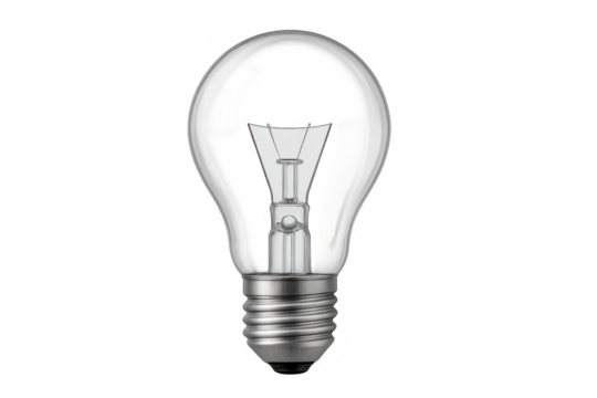 Incandescent light bulb with a clear glass envelope, metal screw base, and filament, symbolizing new ideas, inspiration, and solutions