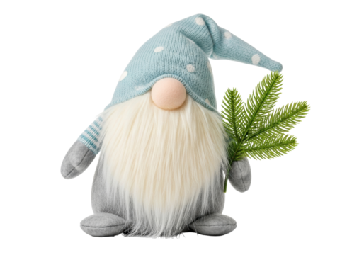 Isolated plush Christmas gnome holding a pine sprig adds whimsical holiday cheer to designs