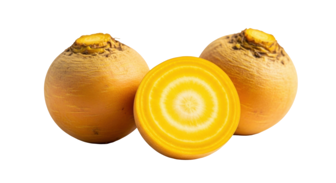 Isolated golden beets with cross section for nutritional information, healthy eating