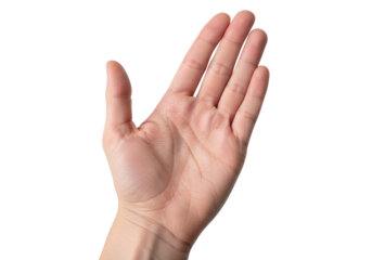 Isolated raised human hand with outstretched fingers signaling gesture close-up studio shot