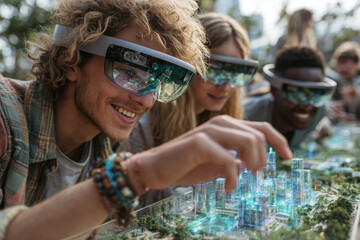 Future City Planning: Friends Engage with Holographic Architectural Model in a Modern Urban Park