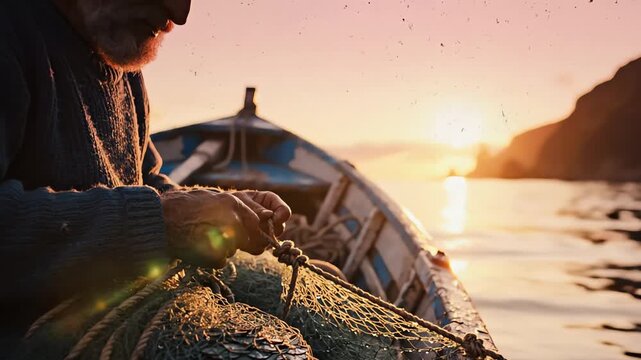 Elderly Fisherman Mending Net at Golden Hour on Wooden Boat &ndash; AI Generated