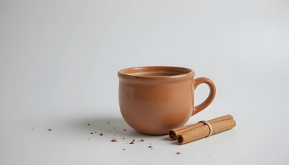 Warm beverage in a rustic brown ceramic mug with cinnamon sticks and crumbs on a clean studio white background. cafe de olla