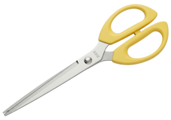 Isolated pair of scissors with light-yellow plastic handle, metal blade and screw, for crafts