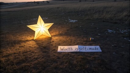 Lit origami star in a dark field with an uplifting message