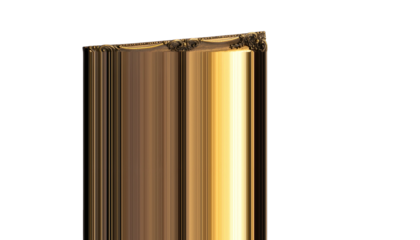 Macro Close Up of Polished Golden Metal Drill Bit Cutting Edge on White Background