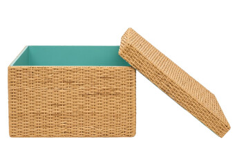 Isolated wicker storage box with teal interior and lid, for home décor, ready to use