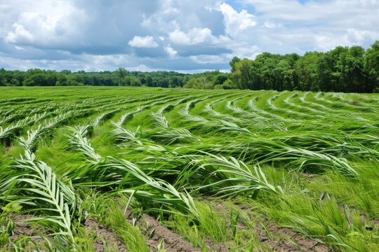 A lush green field features rows of flattened grass, creating a wave-like pattern under a bright sky dotted with clouds. - Powered by Adobe