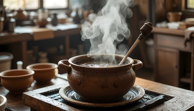 Rustic clay pot with steaming hot soup on a wooden table in an old kitchen, traditional cooking scene. cafe de olla - Powered by Adobe
