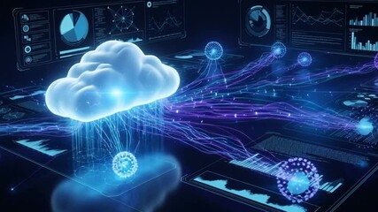 Cloud computing processes data across digital network with glowing connections, representing modern technology and secure data transfer. - Powered by Adobe