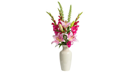 Isolated flower arrangement featuring pink lilies and gladioli in a cream colored vase