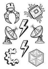 Fototapeta premium Hand-Drawn Technology Doodle Icon Set: Sketchy Vector Illustrations of Robotic Claw, Microchip, Satellite Dish, Gear, Lightning Bolt, and Geometric Cube.