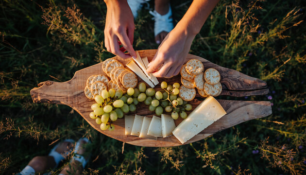 Overhead View of Hands Arranging Delicious Cheese and Cracker Charcuterie Board During an Outdoor Picnic at Sunset