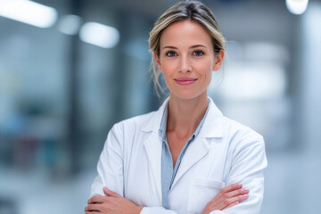 Female doctor standing with folded arms inside a modern hospital.
