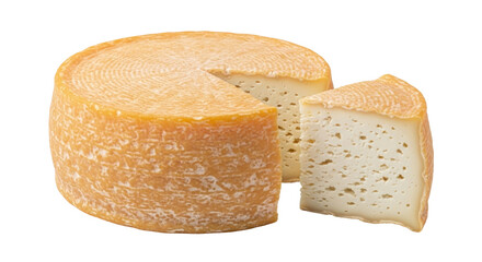 Isolated Tomme cheese wheel with slice cut out, an iconic rustic dairy product of France