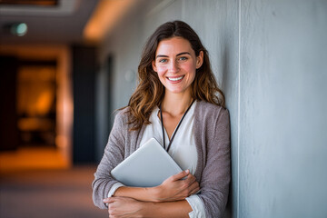 Businesswoman holding a laptop while standing confidently in office hallway.