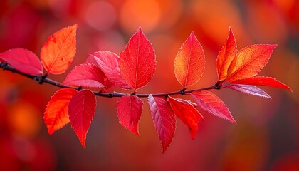Branch of vibrant red leaves against a soft, bokeh background, backlit by sunlight