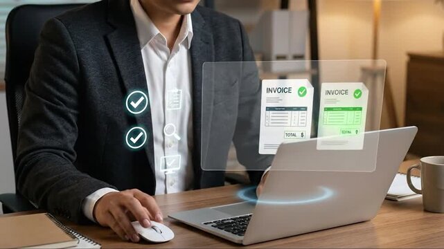 Businessman Approving Digital Invoices with Holographic Checks on Laptop, Showcasing Modern Financial Management & Augmented Reality Workflow