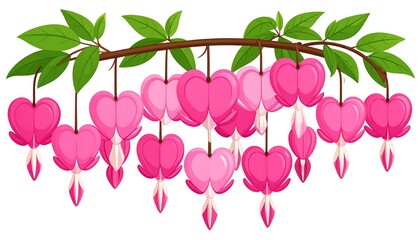Branch with pink heart-shaped flowers, dripping white petals, & green leaves on white background