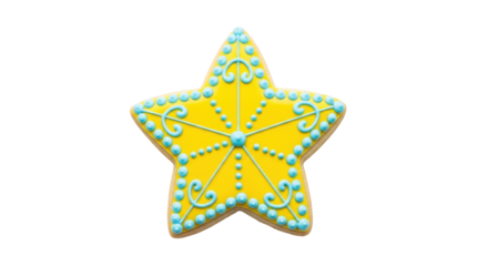 Isolated yellow starfish cookie decorated with blue frosting swirls and dots for holidays