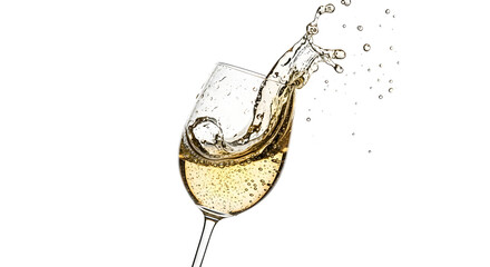 A close-up shot of a white wine splash in a glass, captured against a clean white background