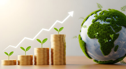 Green finance growth concept with stacked coins and growing plants alongside a vibrant earth globe