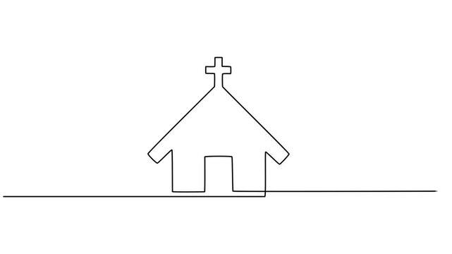 Self animated continuous one line drawing of Church icon. Full length single line art 4K animation, Church One line drawing isolated on white background template, Church. Altar, sanctuary, chancel.
