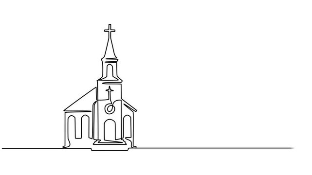 Self animated continuous one line drawing of Church icon. Full length single line art 4K animation, Church One line drawing isolated on white background template, Church. Altar, sanctuary, chancel.