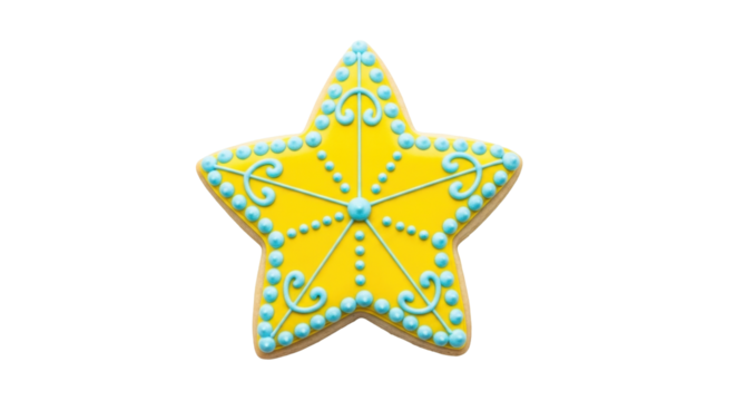Isolated yellow starfish cookie decorated with blue frosting swirls and dots for holidays