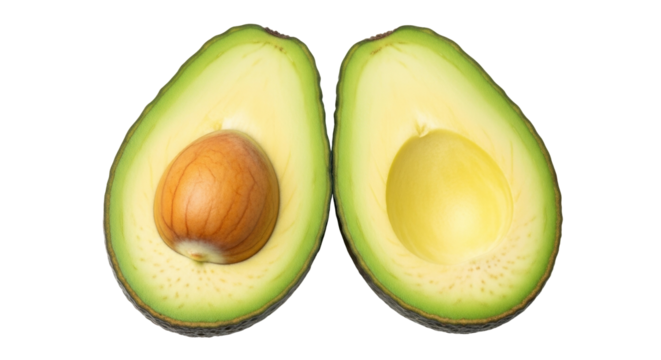 Isolated Avocado halves, one with seed, the other pitless healthy fruit for organic diet