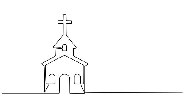 Self animated continuous one line drawing of Church icon. Full length single line art 4K animation, Church One line drawing isolated on white background template, Church. Altar, sanctuary, chancel.