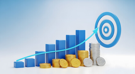 3d bar graph showing upward trend towards financial target with stacks of coins