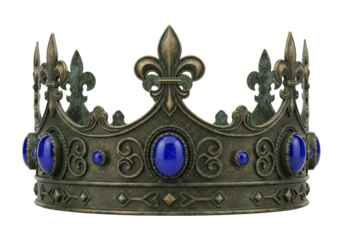 Isolated antique crown with fleur-de-lis and blue gems for king or queen royalty symbol