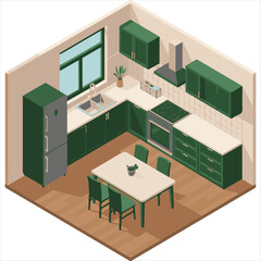 Isometric Modern Kitchen Interior Vector Illustration,3D Isometric Kitchen with Dining Table Vector,Contemporary Modular Kitchen Vector Design,Minimal Isometric Home Kitchen Layout Vector.
